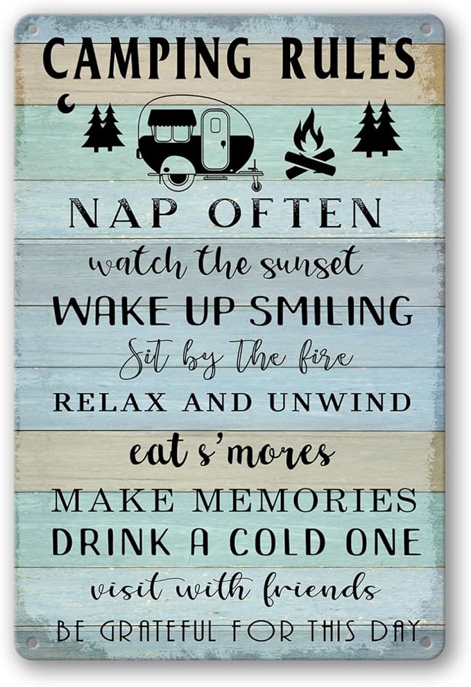 Camping Decor For Camper Camping Rules Sign Metal Tin Signs Lake Camper Door Decorations For Inside Funny Camping Themed Decor Rv Wall Art Decor Cabin Sign 12 X 8 Inch