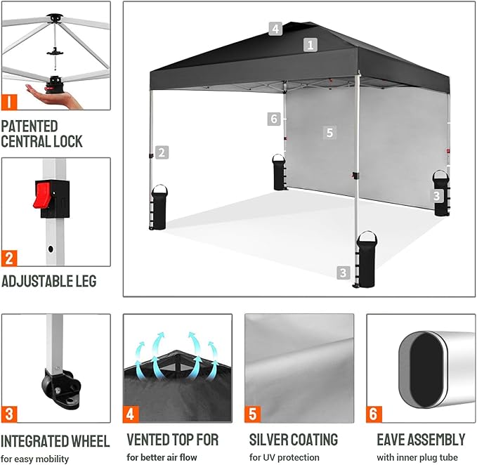 CROWN SHADES 10x10 Pop Up Canopy with 1 Side Wall - Beach Tent with One Push Setup - Outdoor Sun Shade for Events, Parties, Camping - Gazebo with STO-N-Go Cover Bag (Black)