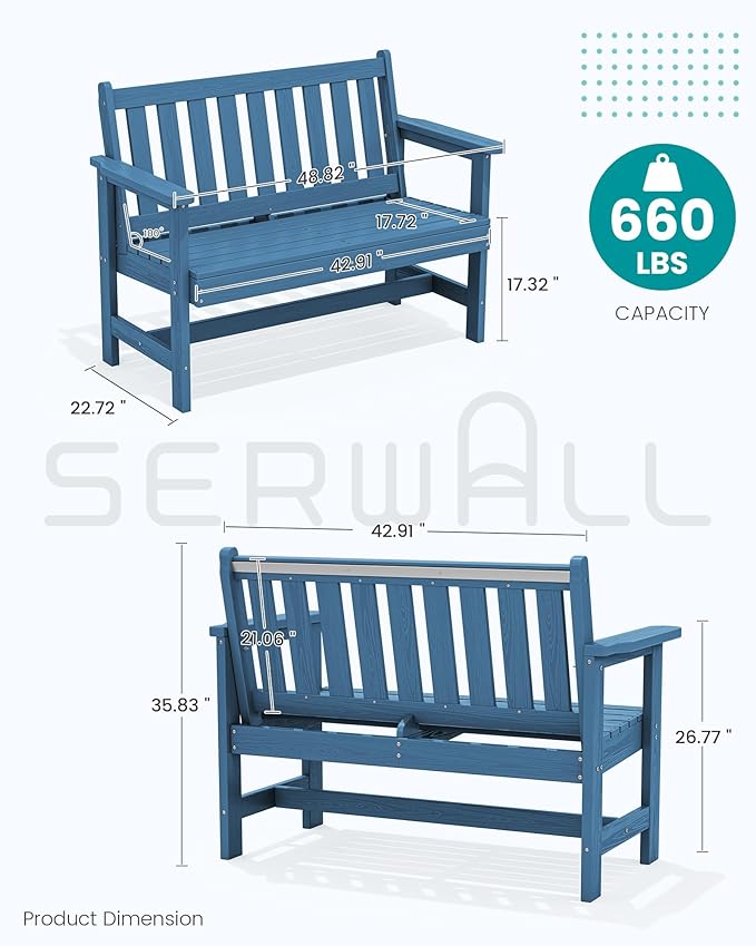 SERWALL Outdoor Bench, HDPE Outdoor Benches Weatherproof, 2-Person Garden Bench with 660 lbs Weight Capacity, Patio Benches for Outdoors, Garden, Porch, Backyard and Park, Navy, 6 Pack