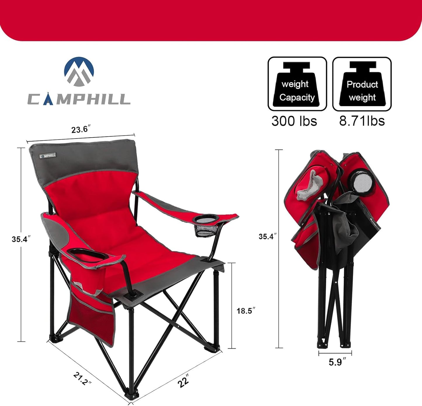 CAMPHILL Oversized Portable Camping Chairs, Collapsible Outdoor Chairs with Pocket and Cup Holders, Carry Bag for Camping,Tailgates,Beach,and Sports