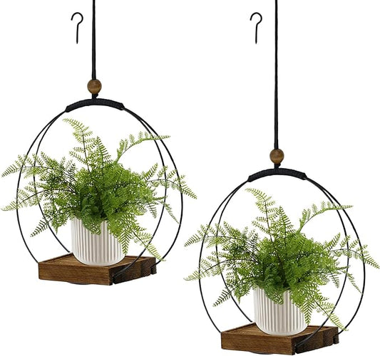 2 Pack Hanging Planters for Indoor Plants, Black Plant Hanger with Sturdy Wood Base, Modern Boho Macrame Hanger, Wall Ceiling Window Planters (Plants/Pots Not Included)