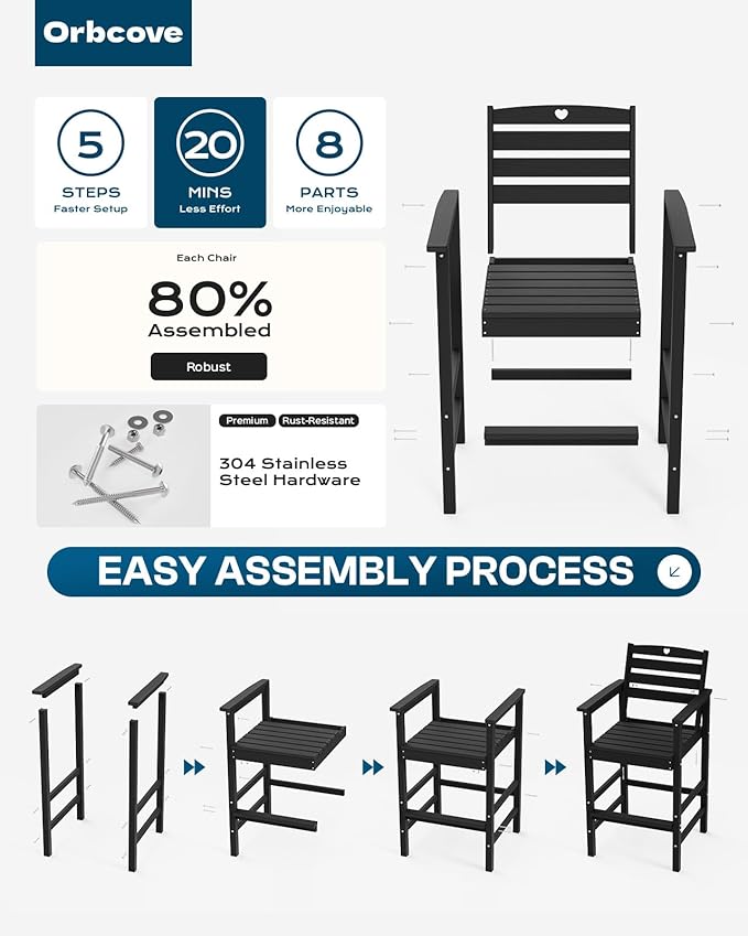 Tall Adirondack Chairs Set of 4, HDPE Wood Balcony Adirondack Chairs Set with Heart Cutout Design, Weather-Resistant Bar Height Furniture for Deck, Porch, Pool (Black)
