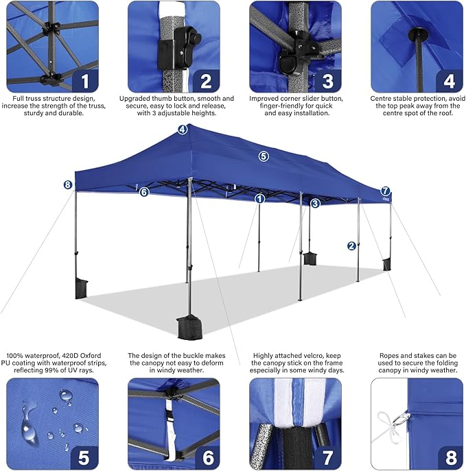 COBIZI 10x30 Pop up Canopy Heavy Duty with 8 Sidewalls, Easy Set-up Commercial Outdoor Party, 100% Waterproof Wedding Canopy Gazebo, 3 Height Adjustable with Wheeled Bag, Dark Blue