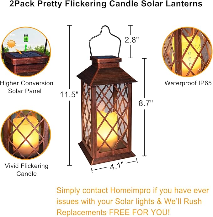 2Pack 11" Outdoor Solar Lanterns Waterproof Garden Gifts Women, Flickering Flameless Candle Mission Lights for Patio, Table ,Outdoor, Party, Yard,Lawn,Mothers' Day Gifts for Mom (Antique Copper)