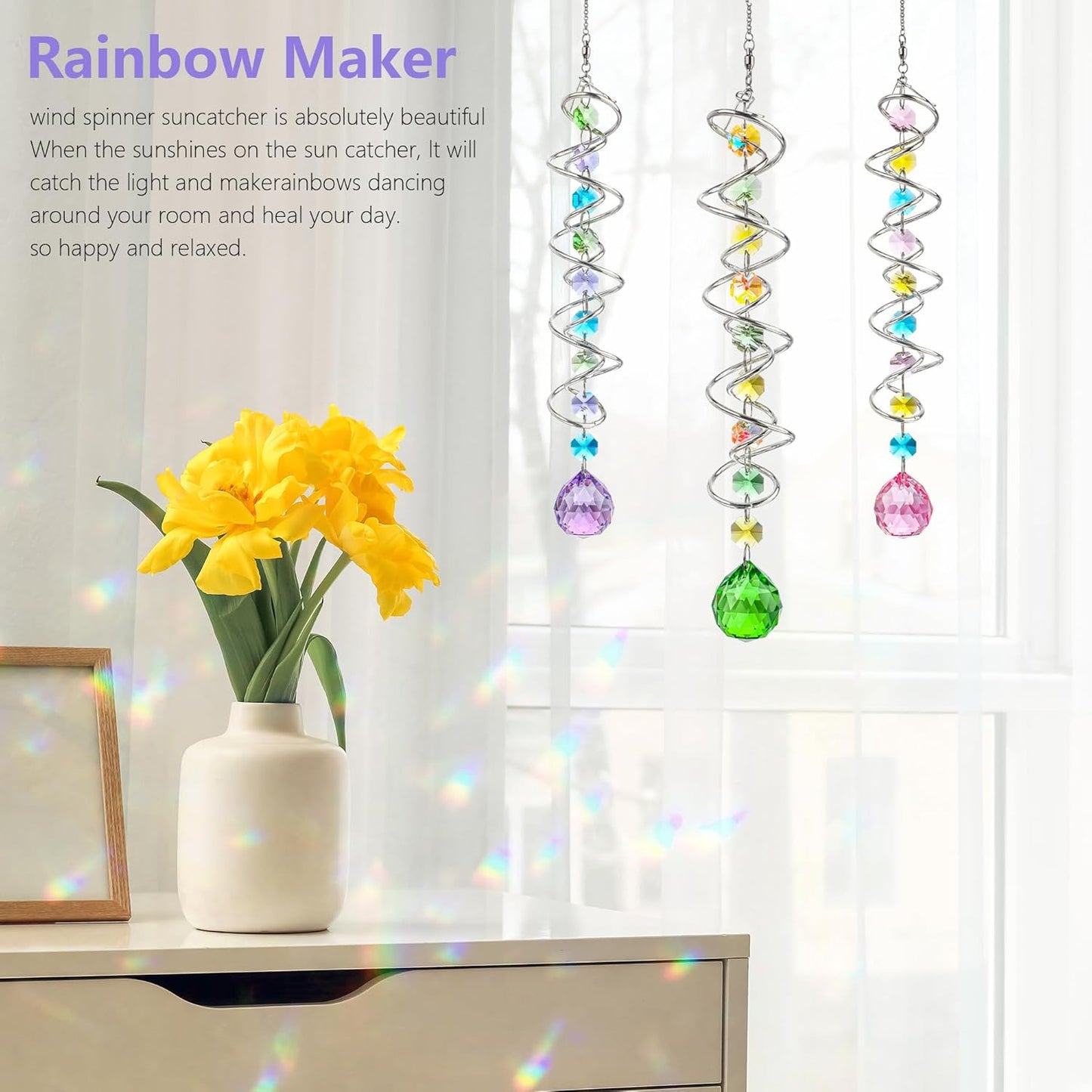 H&D HYALINE & DORA Set of 3 Crystal Sun Catcher for Window Hanging Double-Spiral Gazing Ball Spiral Tail Rainbow Maker Wind Spinners Outdoor for Garden, Patio, Porch, Christmas