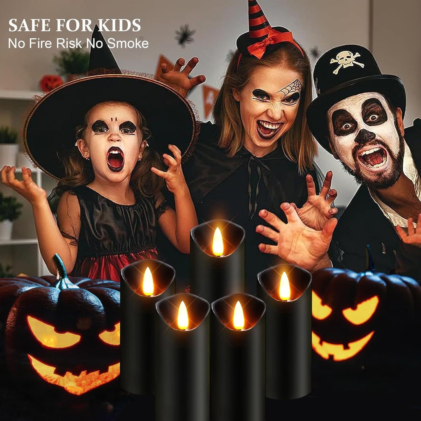 Black Pillar Flameless Candles 3D Wick with Controller,led Slim Candles Flicering Flame,Battery Operated Fake Plastic Candles for Halloween Christmas,Party Décor.(5Pack H 5" 5" 6" 6" 7" x D 2.2")