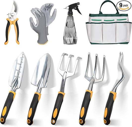 Garden Tools, 9 Piece Heavy Duty Gardening Tools Set with Non-Slip Rubber Grip, Stainless Steel Garden Tool, Gifts for Kids, Women, Husbands, and Parents