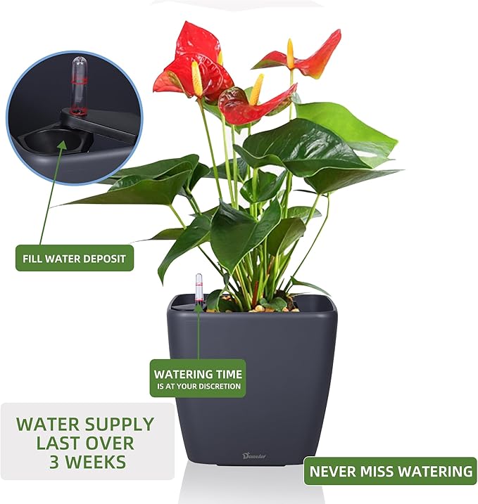 Dexceder 13x12 Self Watering Planter with Wheels Indoor Outdoor, Inner Mat Design, Thickened Large Floor Standing Flower Plant Pot with Water Level Indicator (Slate Gray Matte)