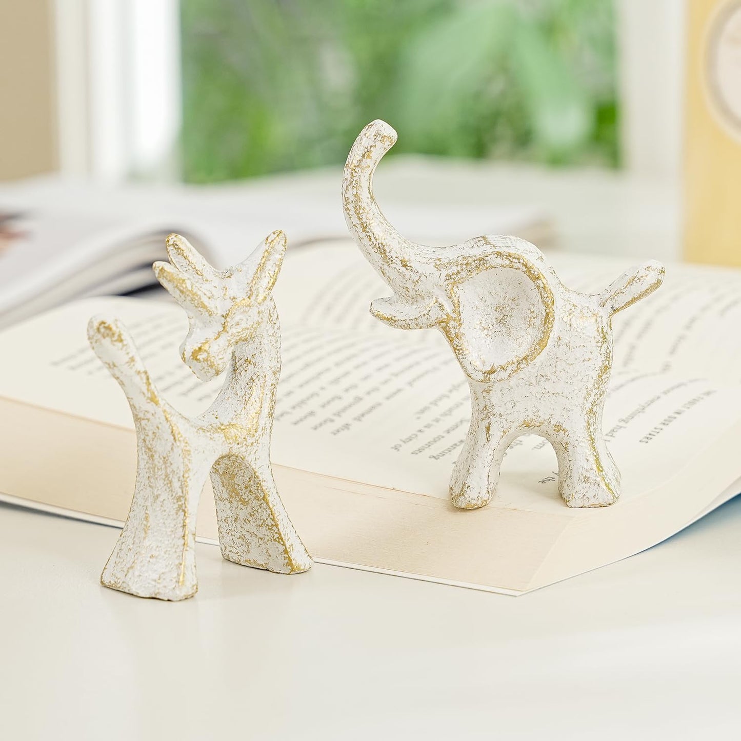 Sungmor Set of 2 Cast Iron Elephant & Unicorn Figurines - Rustic White Animal Sculptures for Shelf, Desk, or Entryway - Heavyweight Decorative Mini Cute Statues - Whimsical Vintage Home Décor