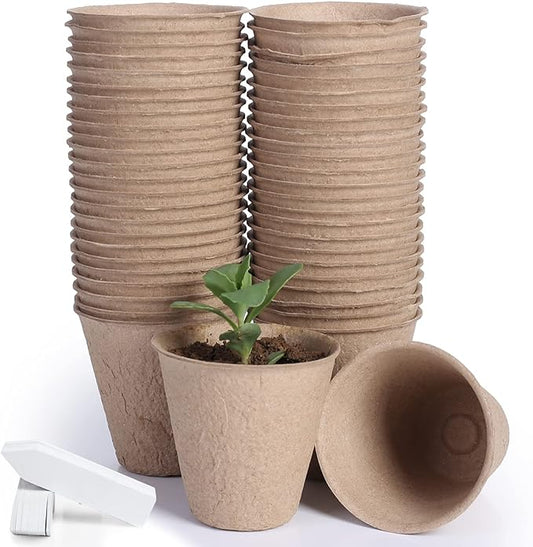JERIA 50-Pack 3.15 Inch Peat Pots for Seedling with 50 Pcs Plant Labels,Outdoor Garden Germination Nursery Pots,Biodegradable Seed Starter Pots Kits