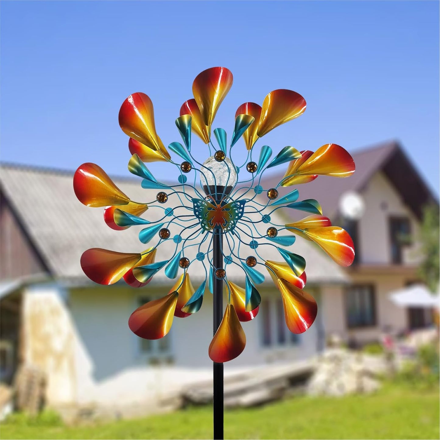 Outdoor Wind Spinner with Garden Stake 88.58" Metal Two-Way Wind Sculptures Solar Color Changing Lights Large Windmills for Garden,Patio,Yard,Lawn Decor Gifts Trumpet