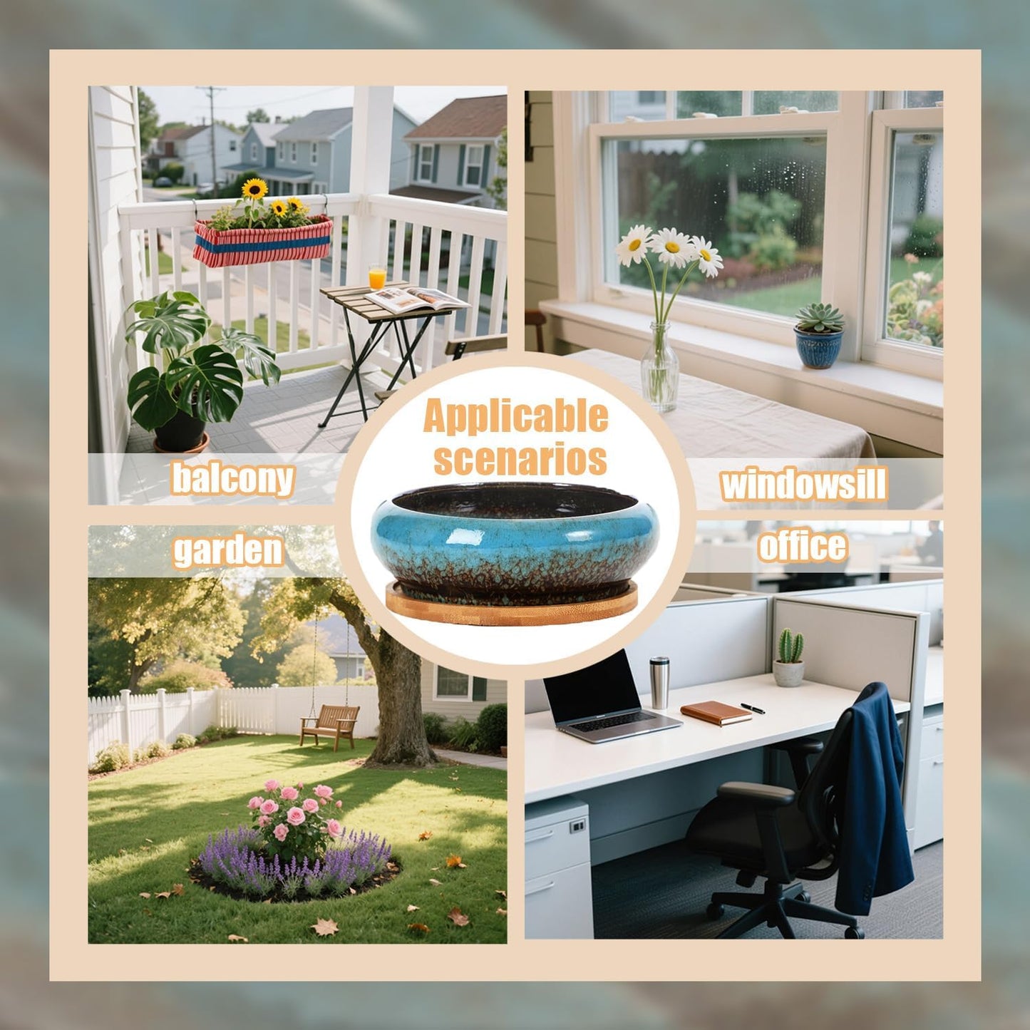 Ceramic Lotus Bowl Planter with Bamboo Stand,Lotus Flower Bowl for Water Plants,Water Lily Pot,Hydroponic Bowl Planter,Garden Decorative Flower Container for Bonsai/Succulents/Cactus(Sapphire Blue)