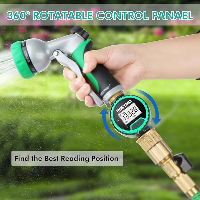 [2 Pack] RESTMO Water Flow Meter, 360° Rotatable Control Panel and Brass Inlet & Outlet, Measure Gallon/Liter Consumption and Flow Rate, for Garden Hose Nozzle Watering, RV Water Tank Filling