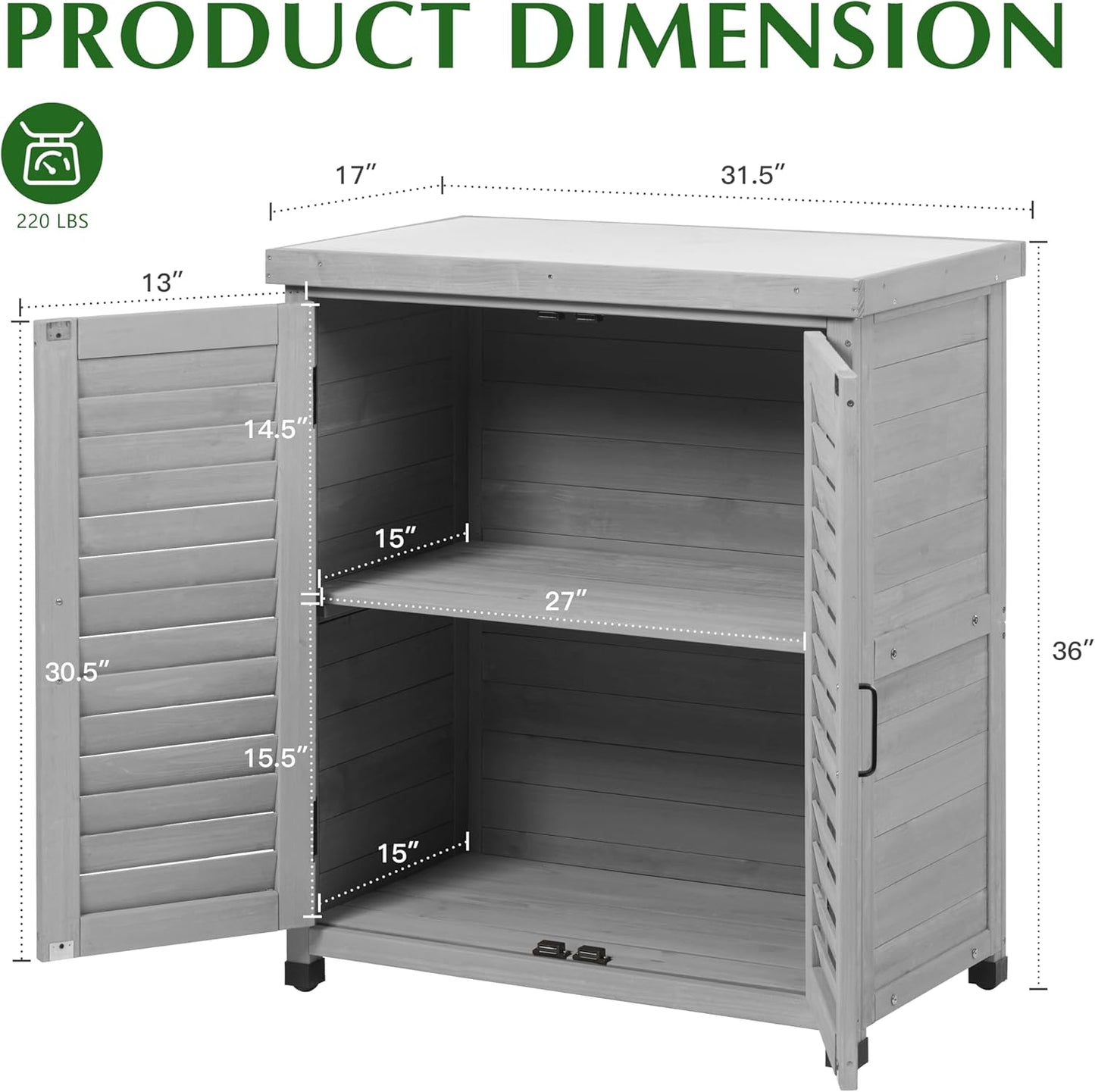 Outdoor Storage Cabinet & Potting Bench Table with Metal Top, Wooden Patio Furniture, Garden Workstation (Accent Grey, 36x31x17in)