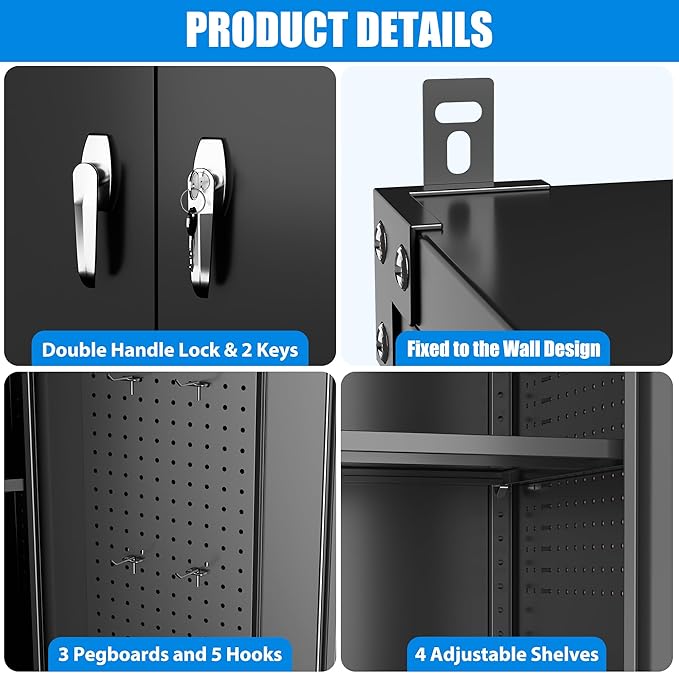 Upgraded Wide & Deep Extra Large Metal Storage Cabinet on Wheels,Lockable Garage Cabinets with 3 Pegboards,2 Tool Pouches for Garage,Office,Assembly Required,Black,43.3''W x 21.6''D x 72''H