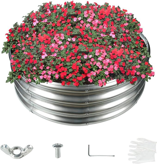 32 Inch Diameter Silver Galvanized Garden Raised Bed/Plant Box/Fire Ring-0.8mm Thick,12 Inch Tall,Crimped Edge and Corner,No Sharpe,Perfect for Plantings (2.7FT Diameter, Round)