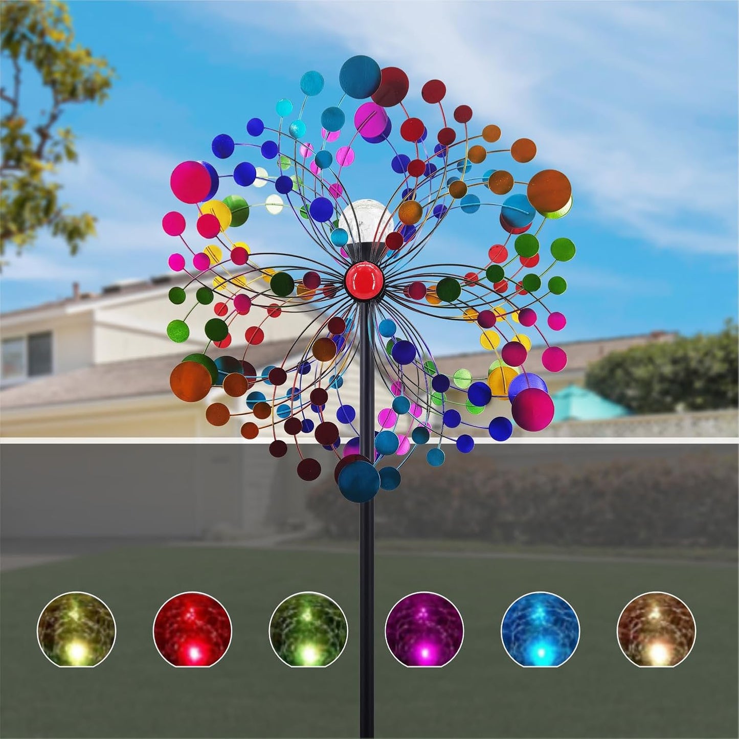 Outdoor Wind Spinner with Garden Stake 88.58" Metal Two-Way Wind Sculptures Solar Color Changing Lights Large Windmills for Garden,Patio,Yard,Lawn Decor Gifts Round