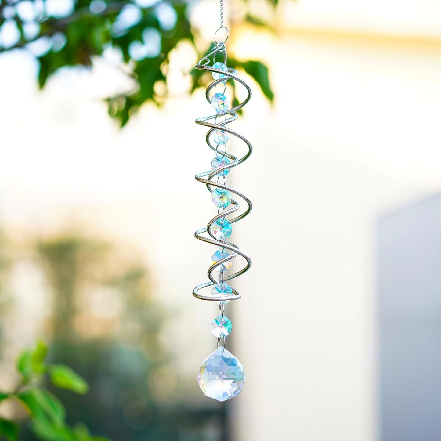 H&D HYALINE & DORA 20.5in Crystal Sun Catcher,Colorful Hanging Suncatcher with Octagonal Beads and Chain,Gazing Ball Spiral Tail,Rainbow Crystals for Indoor Outdoor Garden Decoration