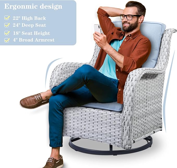 Wicker Patio Furniture Sets - 13 Piece Outdoor Rattan Furniture Conversation Sets with 4 Swivel Rocker Chairs, 2 Rattan Sofas, Wicker Ottomans and Coffee Table, Light Grey/Baby Blue