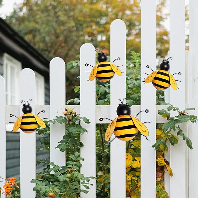 MorTime 4 Pack Metal Bee Wall Art Sculptures Garden Decorations, Hanging Bee Wall Decor Indoor Outdoor Garden Yard Lawn Decor