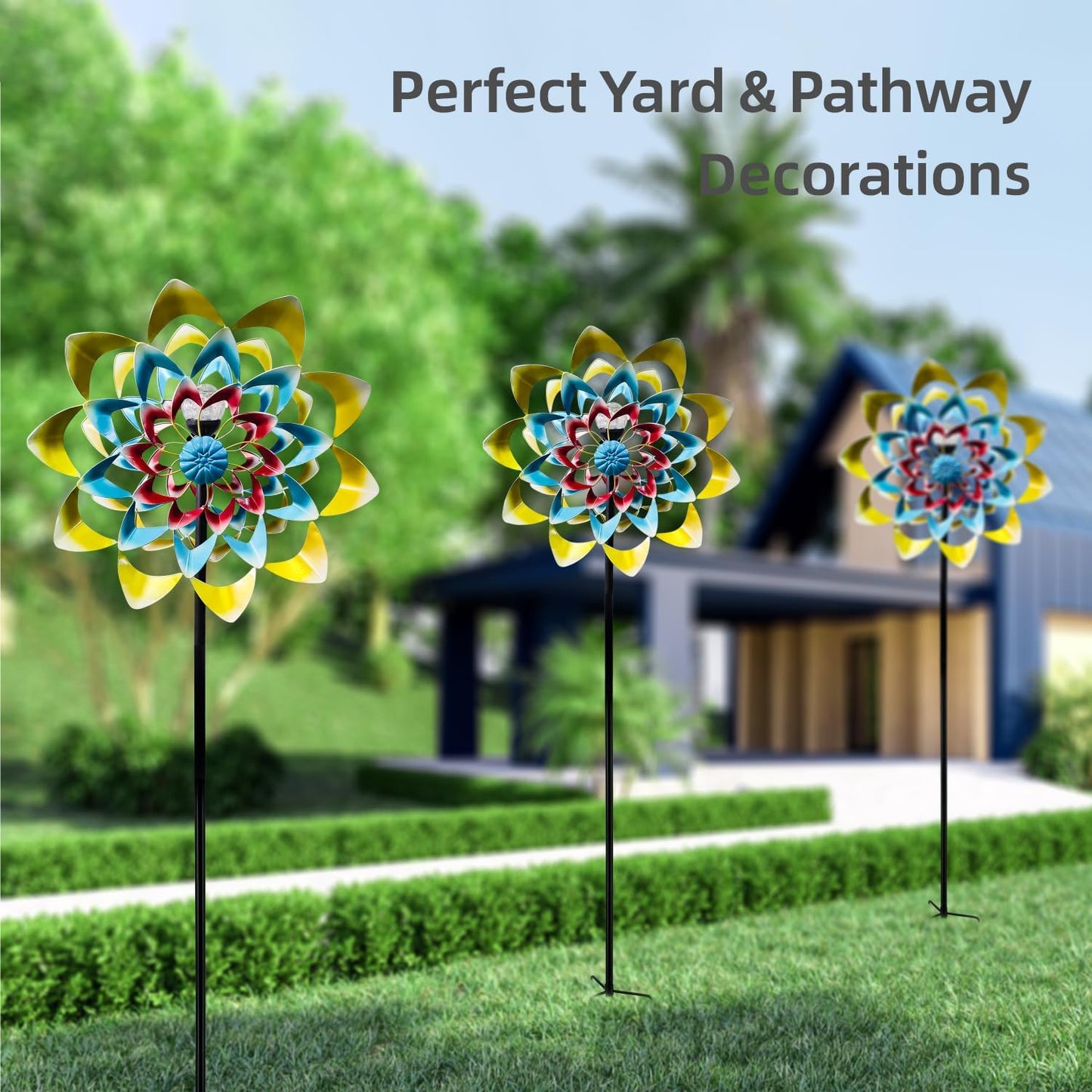 Outdoor Wind Spinner with Garden Stake 82.7" Metal Two-Way Wind Sculptures Solar Color Changing Lights Large Windmills for Garden,Patio,Yard,Lawn Decor Gifts Flower