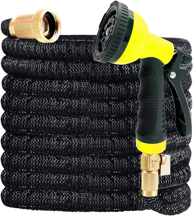 J&B XpandaHose 50ft Expandable Garden Hose with Holder - Heavy Duty Superior Strength 3750D - 4 -Layer Latex Core - Extra Strong Brass Connectors and 10 Spray Nozzle w/Storage Bag (Black 50)