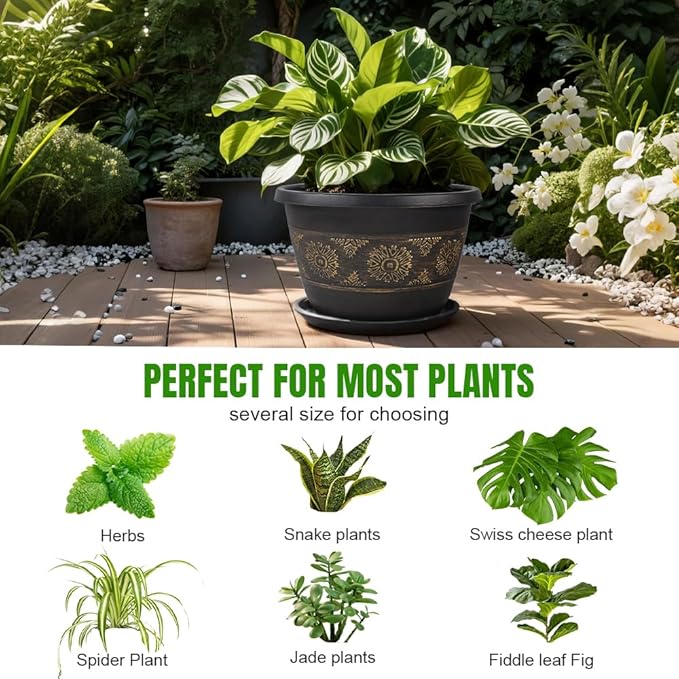 4 Pack 10 inch Plant Pots, Retro Pattern Planters with Drainage Holes and Saucer, Sturdy Plastic Garden Flower Pots for Indoor & Outdoor Plants