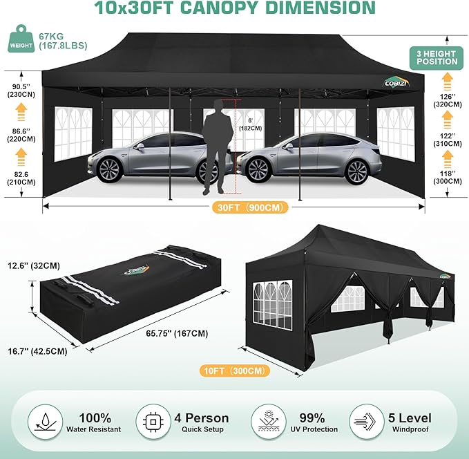 COBIZI 10x30 Pop Up Canopy Tent Heavy Duty with 8 Removable Sidewalls, Commercial Portable Tents for Parties Ez Up Canopy All-Weather Windproof & Waterproof and UPF 80+ Wedding Tent Sun Shelter