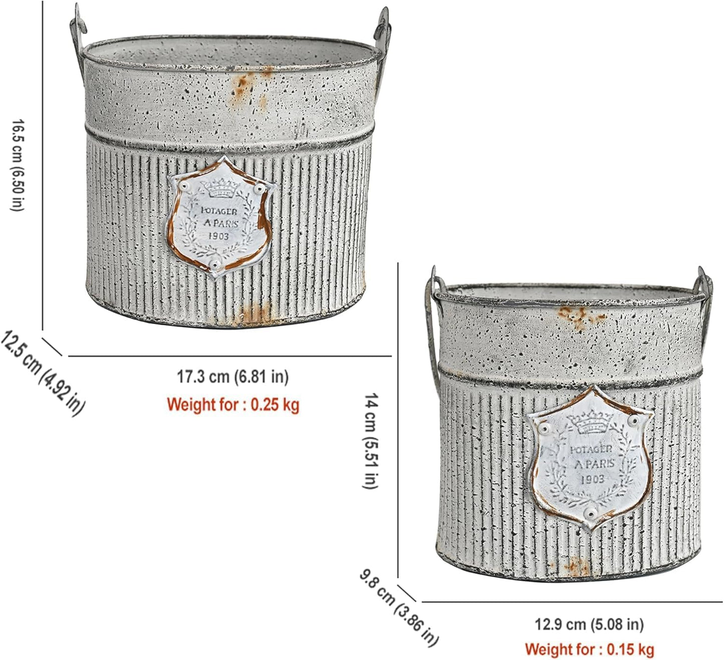 Vintage Galvanized Metal Planter Pots Set of 2, Rustic Farmhouse Flower Pots with Handles, "Potager A Paris 1903" Decorative Planters for Indoor Outdoor Gardening, Succulents, Herbs, Home Decor