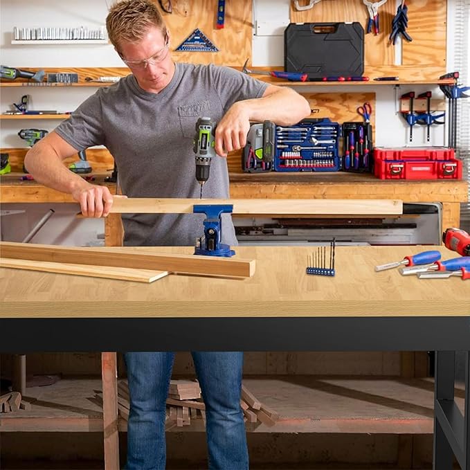 60" Adjustable Workbench,Heavy-Duty Work Table,3000 LBS Load Capacity Particleboard Hardwood Workstation Outlets with Power Strips and Fixed feet,for Workshop, Garage