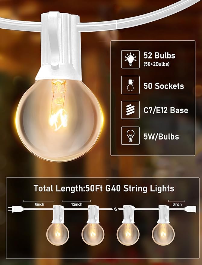 50FT Outdoor String Lights G40 Clear Globe String Lights Light Bulbs with 52 Clear Bulbs -5 Watt/120 Voltage/E12 Base -White Wire