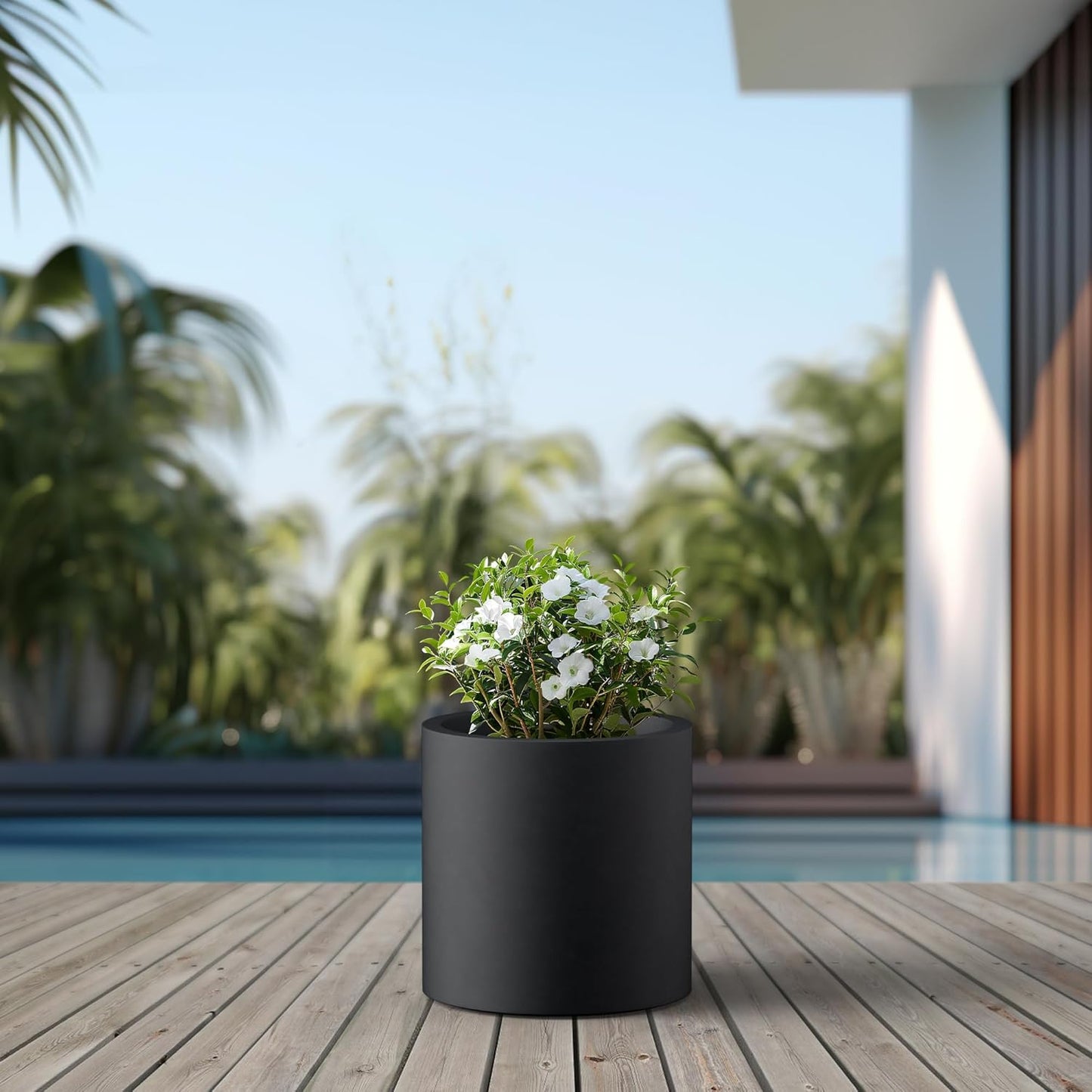 Kante 15.7" Dia Round Concrete Planter, Modern Style Large Cylindrical Plant Pot with Drainage Hole and Rubber Plug for Indoor Outdoor Patio, Burnished Black