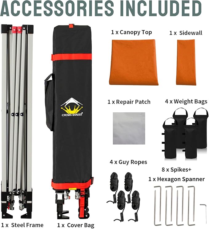 CROWN SHADES 10x10 Pop Up Canopy with 1 Side Wall - Beach Tent with One Push Setup - Outdoor Sun Shade for Events, Parties, Camping - Gazebo with STO-N-Go Cover Bag (Orange)