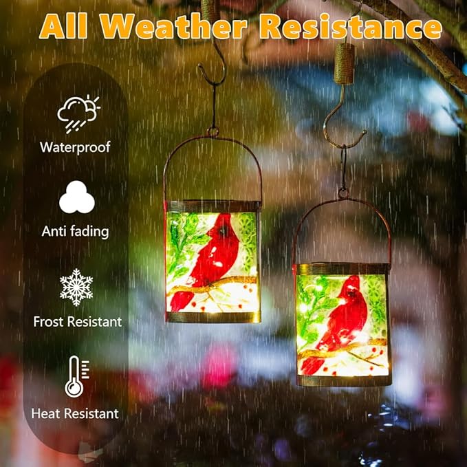 2 Pack Cardinal Solar Lanterns Outdoor Waterproof LED Light Hanging Solar Lantern Glass Tabletop Lamp for Patio Garden