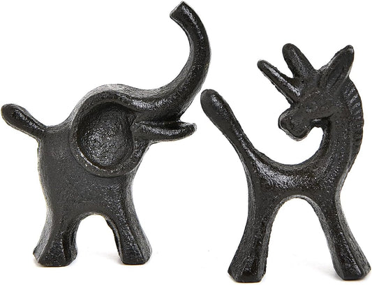 Sungmor Set of 2 Cast Iron Elephant & Unicorn Figurines - Rustic Black Animal Sculptures for Shelf, Desk, or Entryway - Heavyweight Decorative Mini Cute Statues - Whimsical Vintage Home Décor