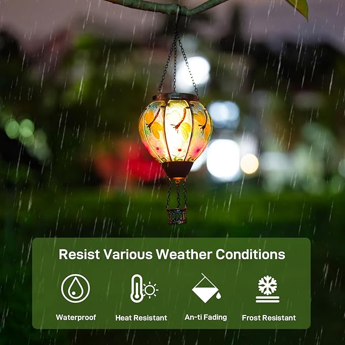 2 Pack Dragonfly Hot Air Balloon Solar Lantern Outdoor Waterproof, Glass Balloon Lanterns for Outside, Decorative Hanging Solar Lights Patio Garden Yard Gift for Women Moms