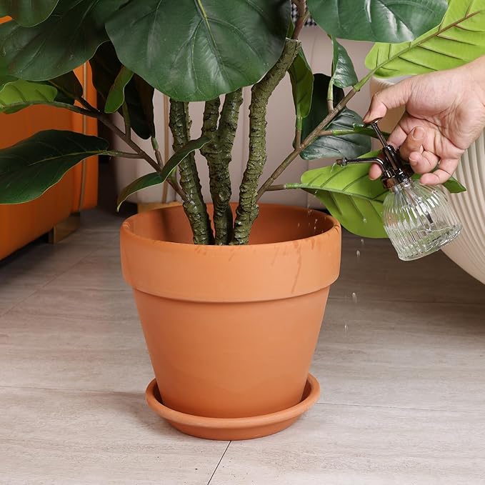 INGOFIN Terracotta Pot with Saucer - 10 Inch Ceramic Clay Pot for Plants with Drainage Hole, Terra Cotta Pot with Tray for Indoor Outdoor Plants