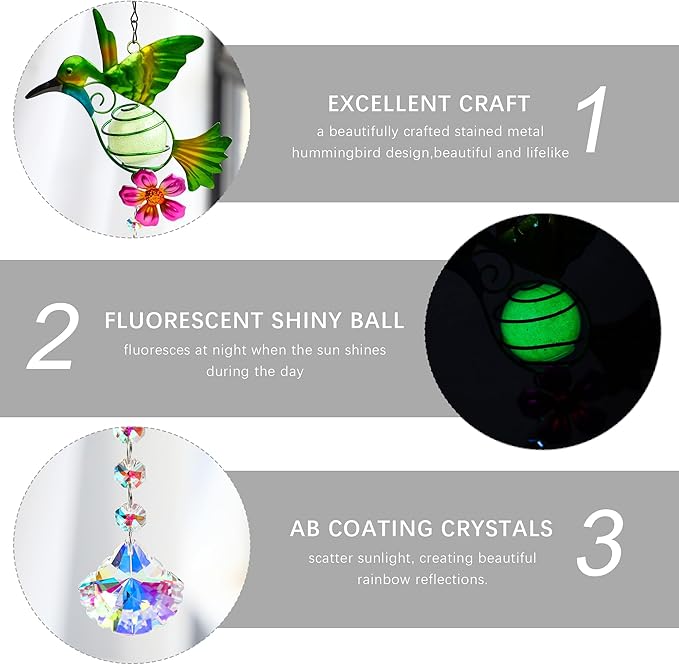 Stained Metal Hummingbird Suncatcher, Window Crystal Prisms Sun Catcher Hanging Ornament Rainbow Maker Bird Garden Wall Art Fence Decorations