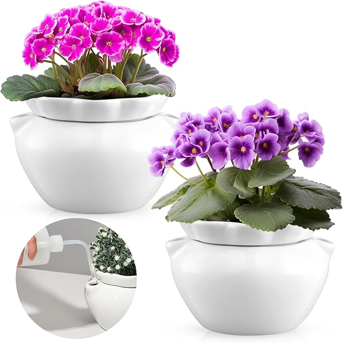 2 Set 7.5 Inches African Violet Pots Self Watering White Ceramic Pot for Indoor Plants, Flowerpot with Highly Absorbent Inner Pot for Busy Plant Lovers, Plant Care