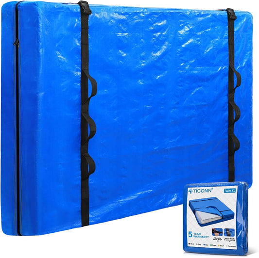 TICONN Mattress Bags for Moving, Heavy Duty Twin XL Mattress Cover Storage Bag with Full-Around Handle and Adjustable Buckles (Blue, Twin XL)