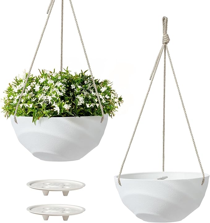 La Jolie Maison 10 Inch Hanging Planters for Indoor Plants, Outdoor Garden Planter Pots with Self-Watering Tray, Eggshell White, Set of 2