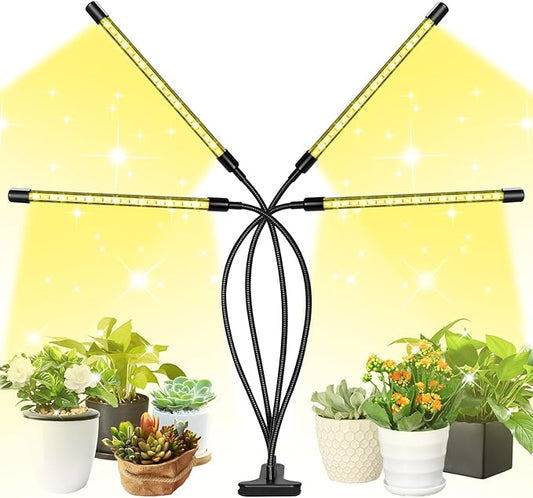 LED Grow Lights, 4 Heads Full Spectrum Plants Lights with Clamp for Indoor Plants & Seed Starting, 10-Level Dimmable, Auto On Off, Timing 4 9 12Hrs