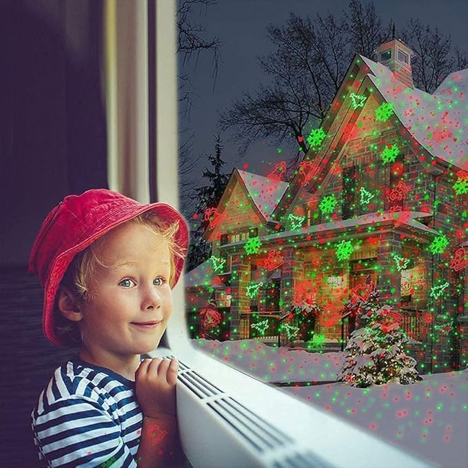 Christmas Projector Lights Outdoor, Waterproof Christmas Laser Lights Landscape Spotlight Decorative Stage Lights with Red and Green Xmas Patterns for Party Garden Patio Wall Ceiling Floor