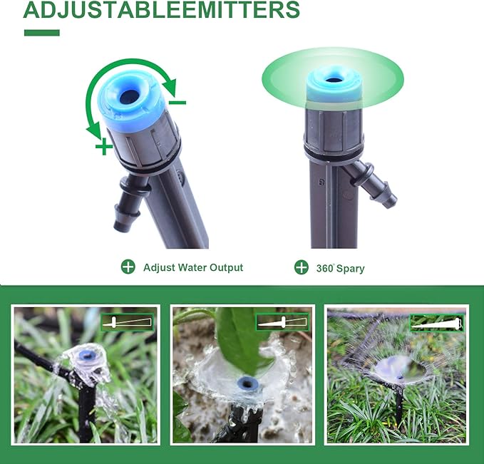 200PCS Drip Emitters Fan Shape with Stake Water Flow Adjustable for 1/4 inch Irrigation Tube Hose, 360 Degree Sprayer Perfect for Irrigation System Watering Kits for Garden Patio Lawn Flower Bed