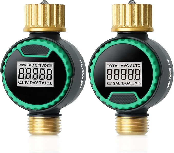 [2 Pack] RESTMO Water Flow Meter, 360° Rotatable Control Panel and Brass Inlet & Outlet, Measure Gallon/Liter Consumption and Flow Rate, for Garden Hose Nozzle Watering, RV Water Tank Filling