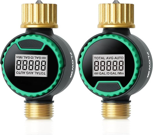 [2 Pack] RESTMO Water Flow Meter, 360° Rotatable Control Panel and Brass Inlet & Outlet, Measure Gallon/Liter Consumption and Flow Rate, for Garden Hose Nozzle Watering, RV Water Tank Filling