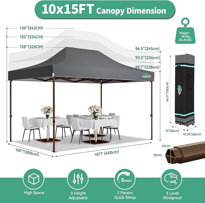 COBIZI 10x15 Pop Up Canopy Tent Heavy Duty with Sidewall, Commercial Outdoor Easy Pop Up Gazebo for Party Wedding All Weather Waterproof UV 50+ with Roller Bag(Leg Upgraded),Gray