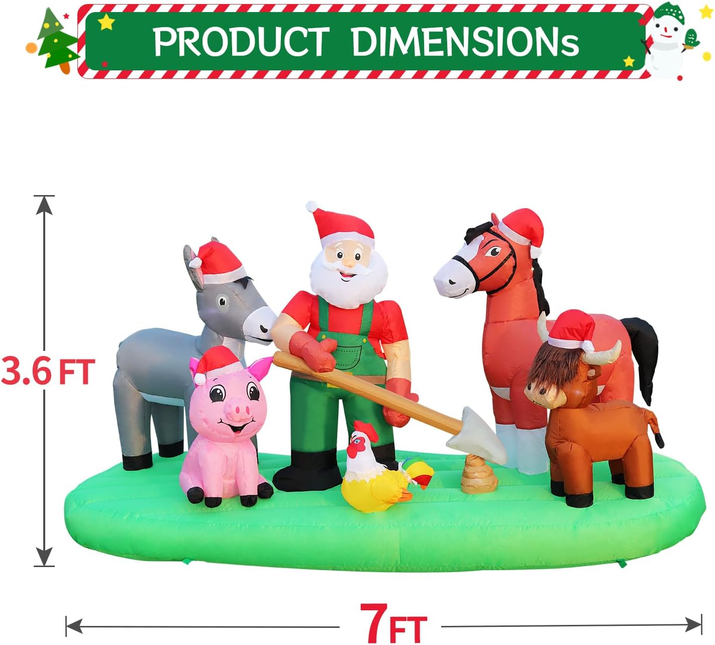 DomKom 7FT Christmas Inflatable Blow Up Decorations, Santa Claus Farm Scene with Highland Cow, Clydesdale Horse, Donkey, Rooster and Pig, Built-in LEDs for Party, Garden, Lawn, Yard, Patio Décor