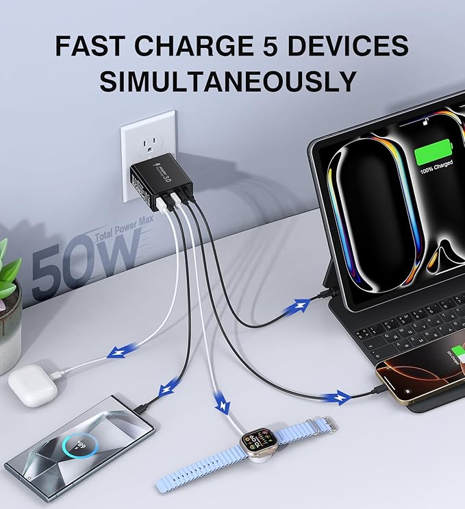 [2-Pack] USB C Wall Charger, 50W USB C Charger Block 5-Port PD Fast Charging Blocks,2USB C+3USB A Multiport Plug,Type C Power Adapter Brick Cube for iPhone 16/15/14/13/Pro,Samsung,for Switch（Black）