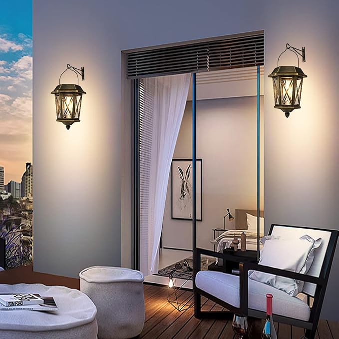 Solar Lantern Outdoor Waterproof, Metal Solar Lights Outdoor with Clear Glass, LED Solar Powered Lights Wall Mount for Yard Garden Wall Outdoor, Bronze - 2 Pack